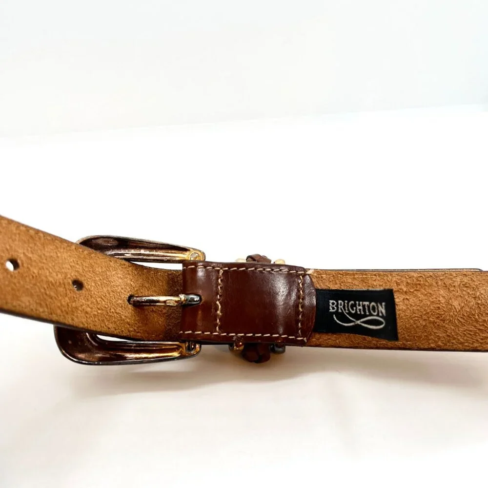 VINTAGE BRIGHTON Belt Brown Leather Silver Tone Buckle Braided Keeper SMALL